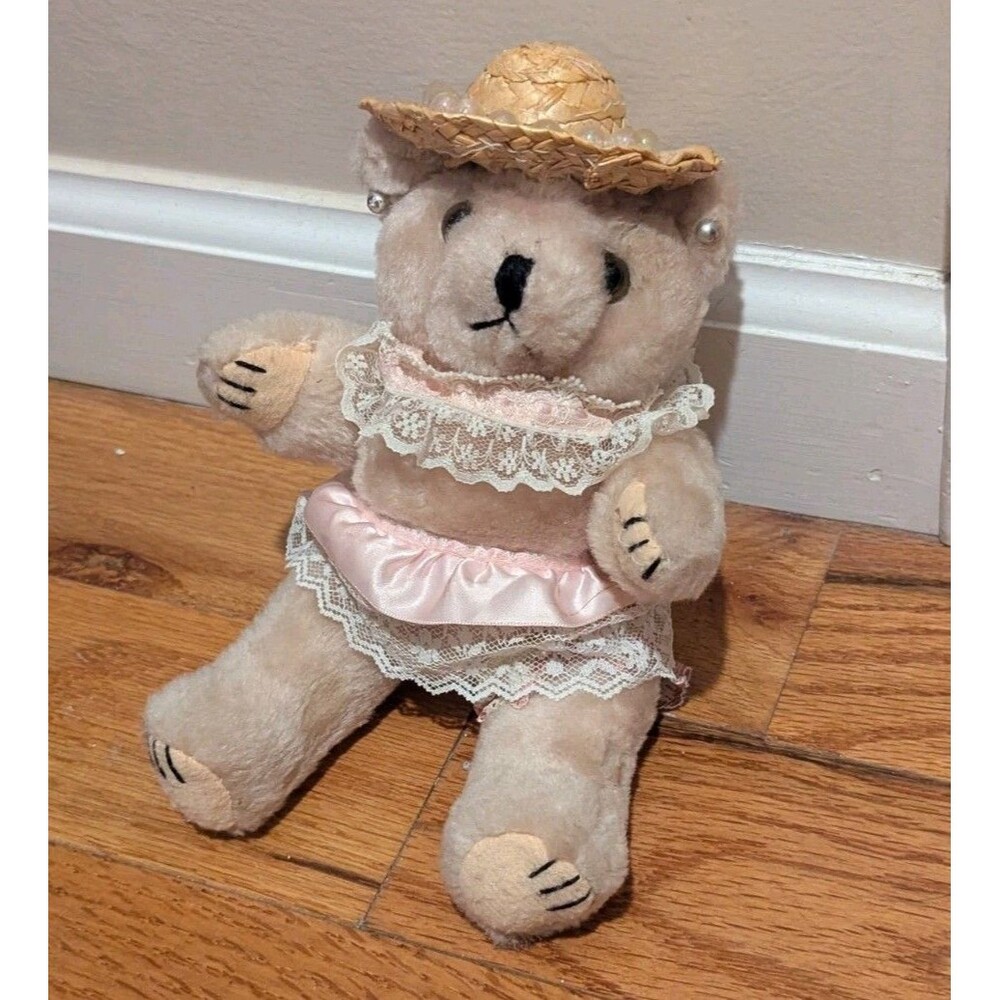 Vintage Plush Jointed Country Bear Straw Hat Lace Pearls 9" Stuffed Plush Teddy